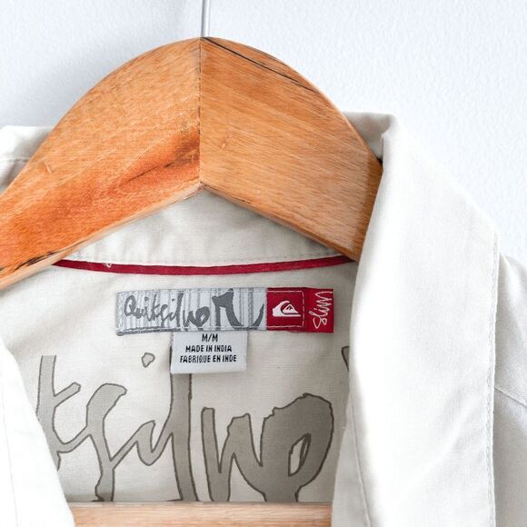 Quiksilver Mens Button Down Casual Short Sleeved Shirt Off White Tan Medium - Picture 5 of 7